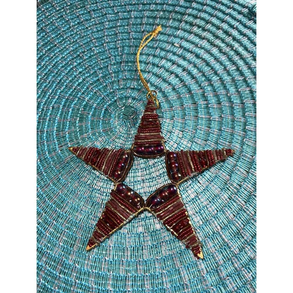 5" Red Gold Beaded Star Sun Catcher Boho Chic Eclectic Home Decor Accent